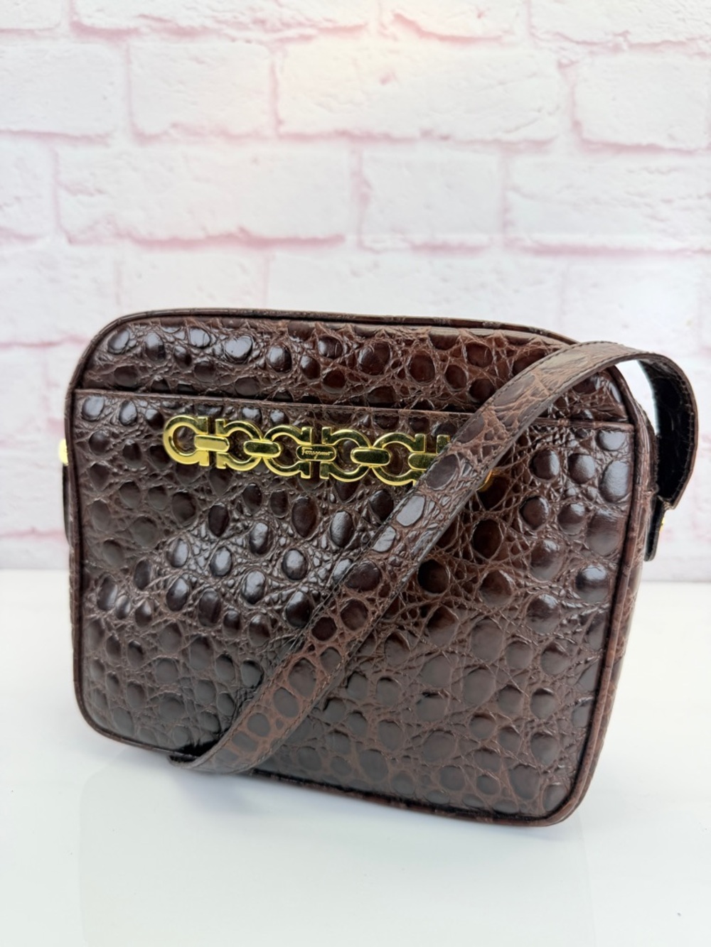 Ferragamo Vera Bow Croc-Embossed Leather Crossbody Vintage